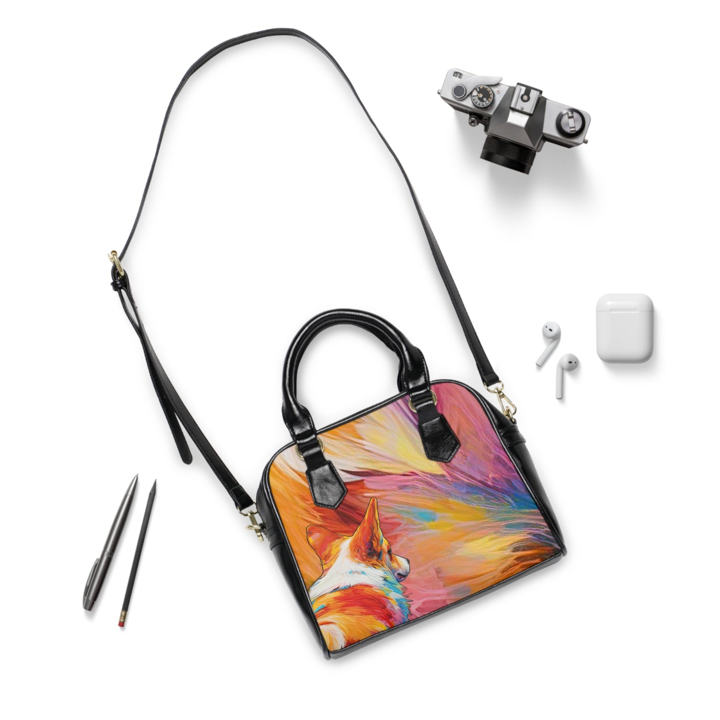Peekaboo Corgi Artistic Portrait Shoulder Handbag — Vibrant Pop Art Corgi Purse