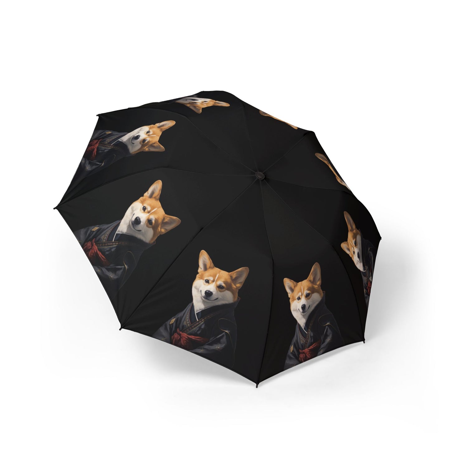 Samurai Corgi Portrait Foldable Umbrella — Japanese Theme Compact Rain Parasol