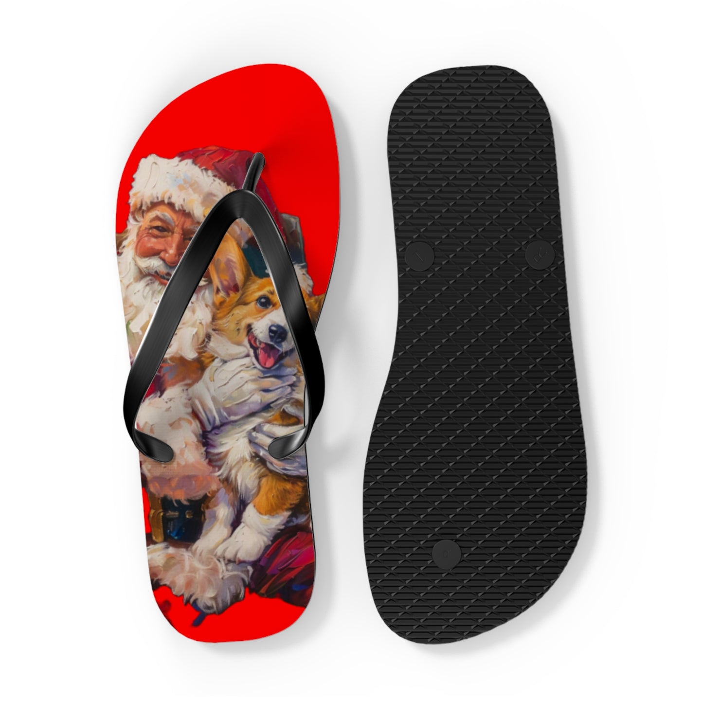 Christmas Corgi on Santa's Lap Custom Artistic Unisex Flip Flops – Festive Holiday Sandals