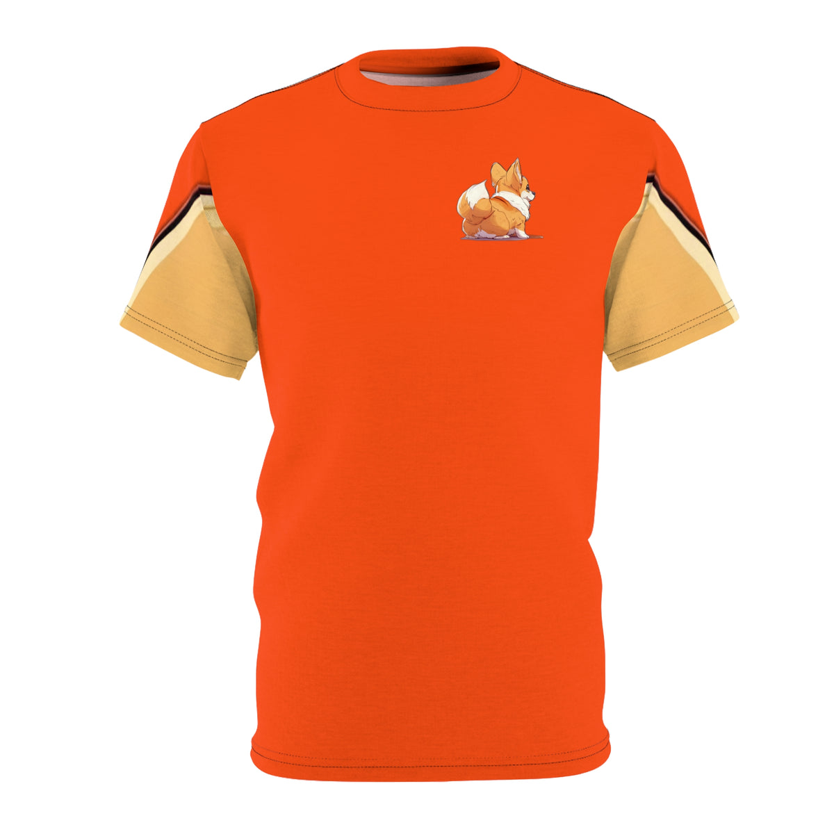 Patootie de Booty Unisex Bold Designer Tee - Corgi Butt Strut on Molten Magma with Earthen Sleeve Accents