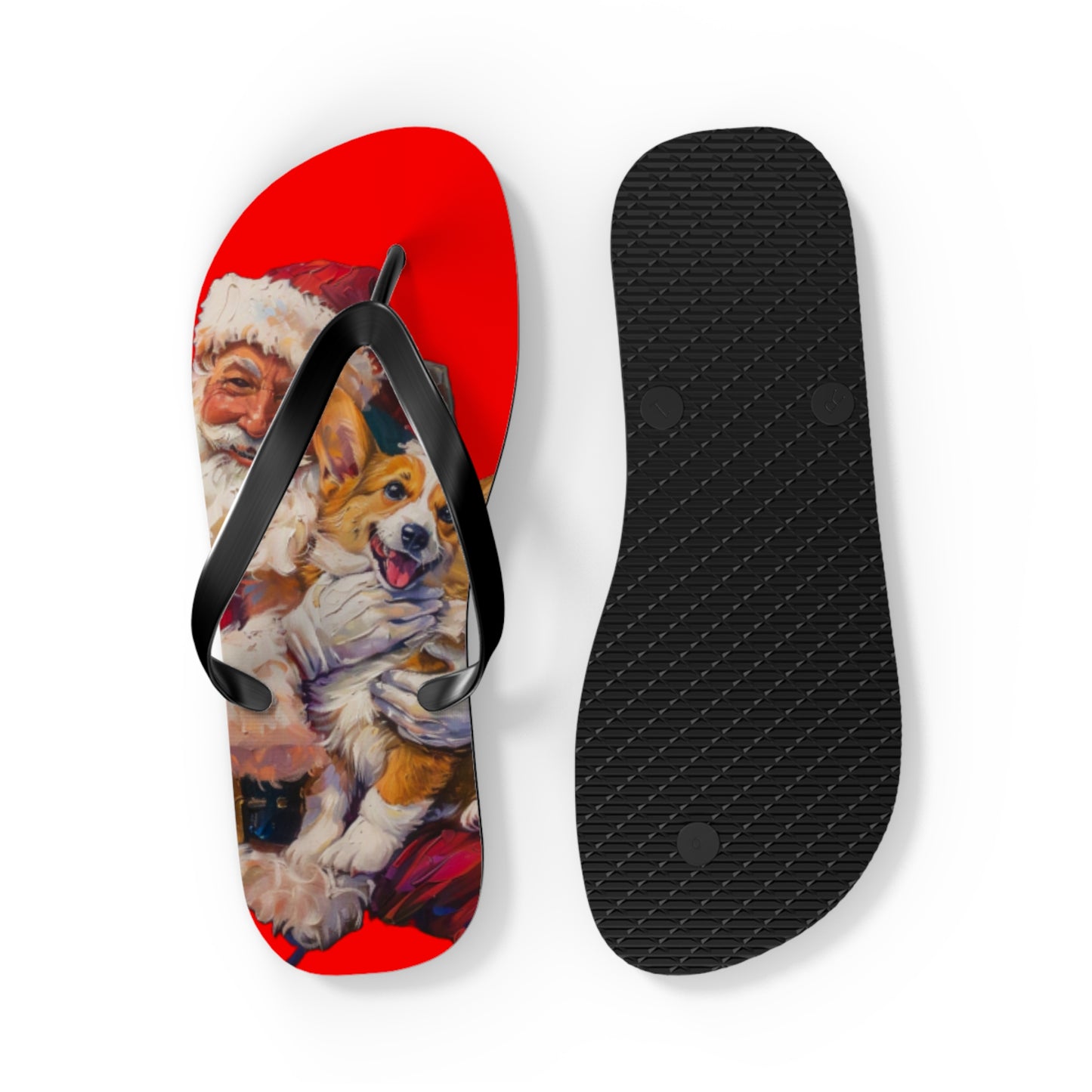 Christmas Corgi on Santa's Lap Custom Artistic Unisex Flip Flops – Festive Holiday Sandals