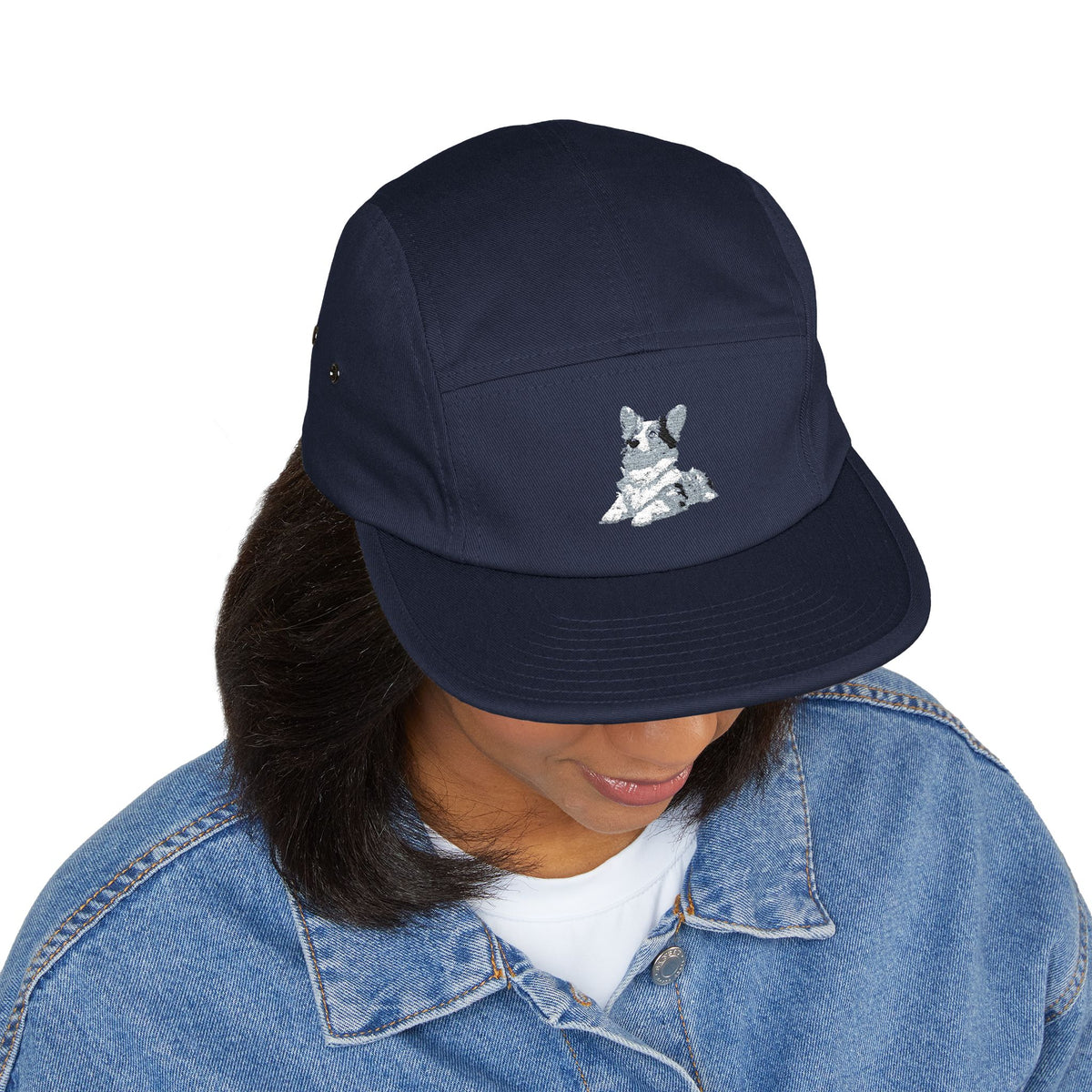 Blue Merle Majesty 5-Panel Embroidered Camp Cap — Designer Corgi Headwear in Monarch Navy or Phantom Black