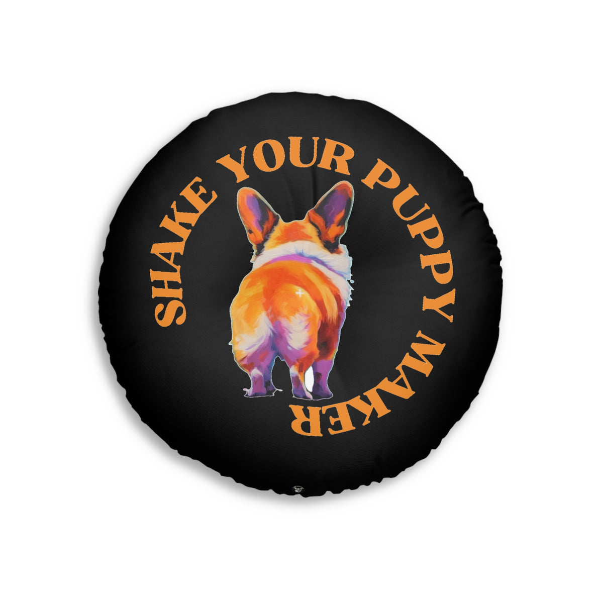 Shake Your Puppy Maker Round Floor Pillow — Black Corgi Butt Accent Cushion