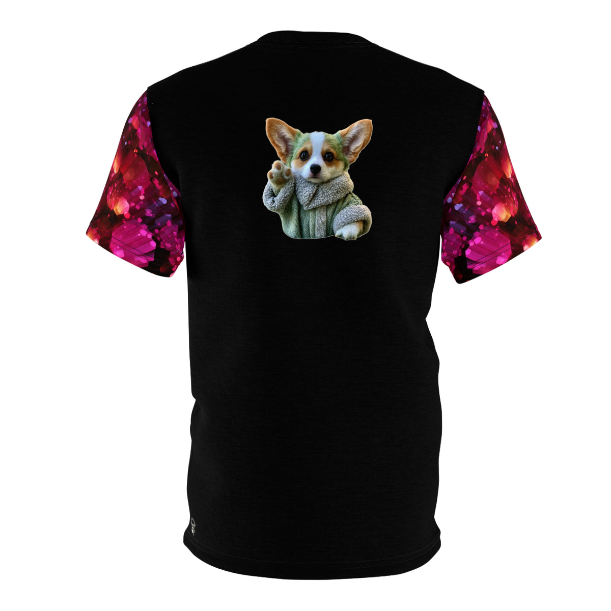 Baby Corgi Star Sage Unisex Bold Designer Tee — Phantom Black with Galaxy Glitter Geo-Sleeves (Part of the Astral Warrior Collection)