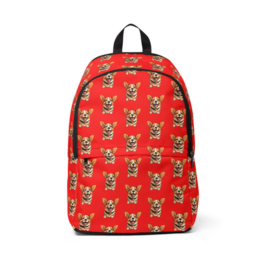 Puppy Love Smiling Corgi Repeater Pattern Backpack — Red Corgi Rucksack