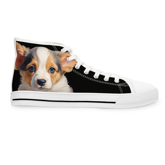 Puppy Dog Eyes Corgi Portrait Women's High Top Casual Black Canvas Sneakers