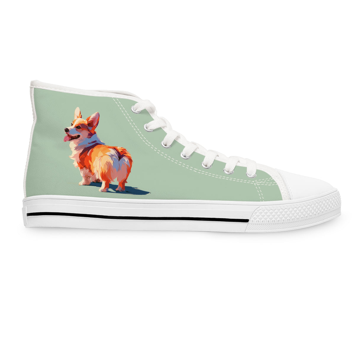 Corgi Classico Women's High-Top Sneakers - Watercolor Wiggler on Momo Mint Canvas with Flaxen Fawn Fur-Effect Tongues