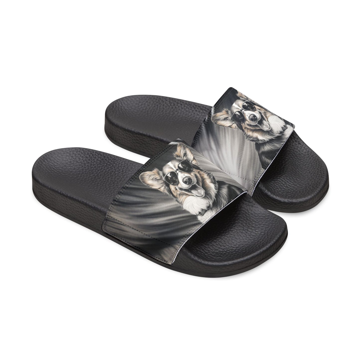 Corgi Cool Portrait in Shades Women's Casual Black & White Slide Sandals - Pool & Beach Slides