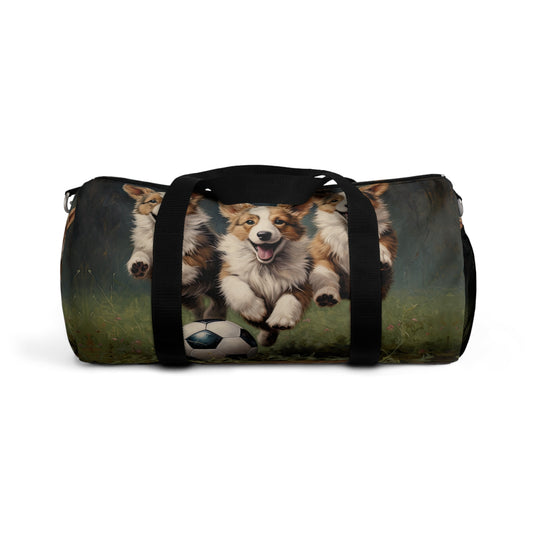 Corgi Puppies Pouncing on the Pitch Duffel Bag - Soccer Theme Corgi Travel Gym Bag