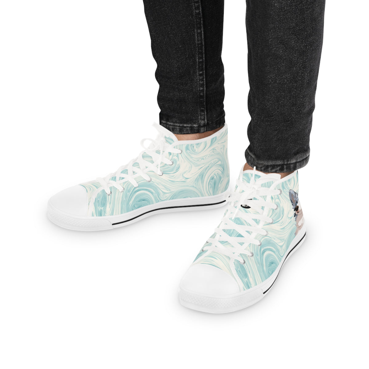 Blue Merle Majesty Men's High-Top Sneakers - Cool Blue Corgi on Swirling Aqua & Alabaster Cream Canvas