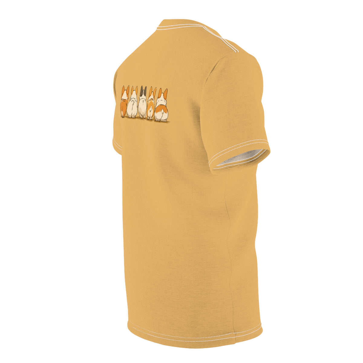 The Bottom Line Unisex Bold Designer Tee — Corgi Fanny Formation on Toasted Amber