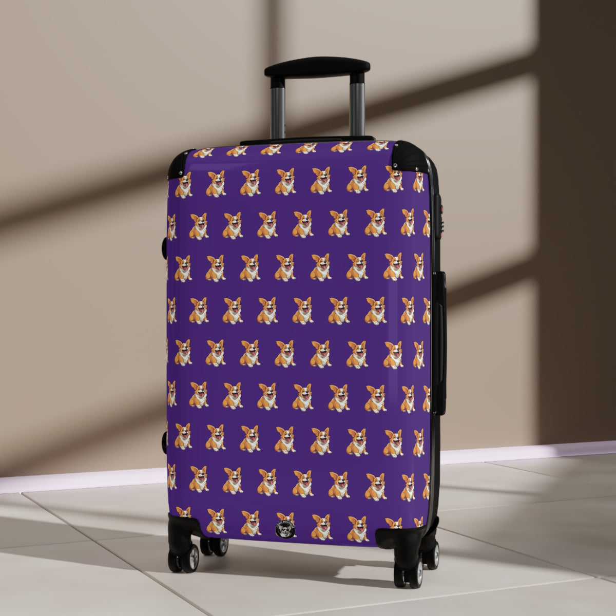 Jolly Jiggling Animated Corgi Repeater Pattern Travel Suitcases — Purple Corgi Rolling Luggage