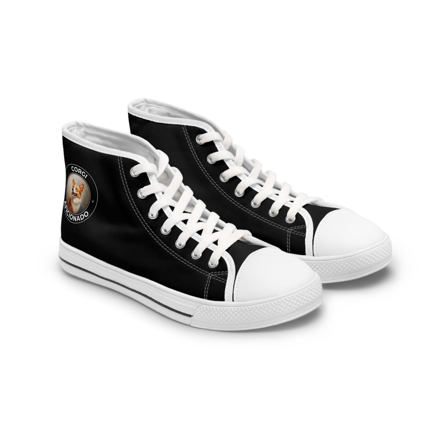 Corgi Aficionado Women's High Top Casual Black Canvas Sneakers with a Classic Corgi Portrait