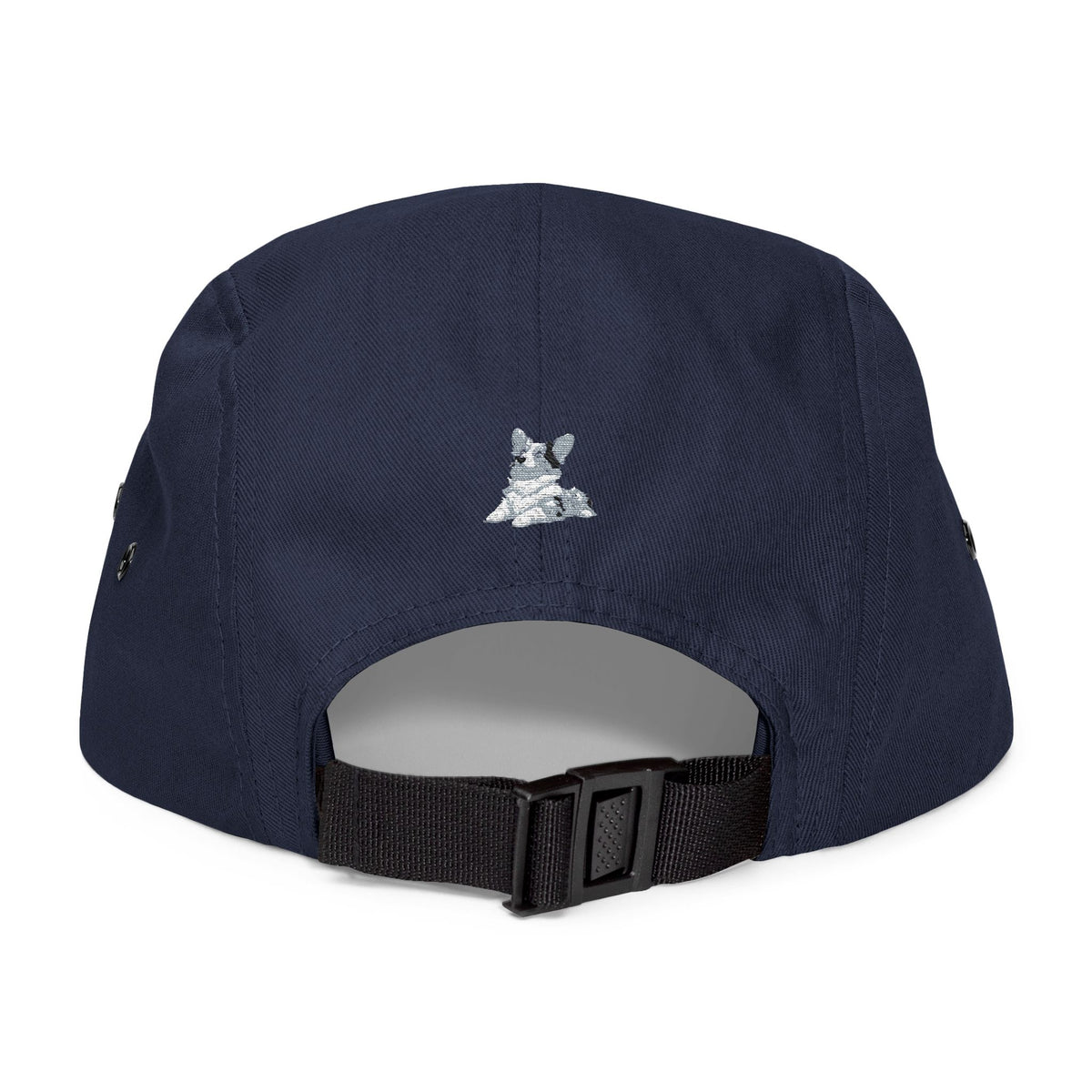 Blue Merle Majesty 5-Panel Embroidered Camp Cap — Designer Corgi Headwear in Monarch Navy or Phantom Black