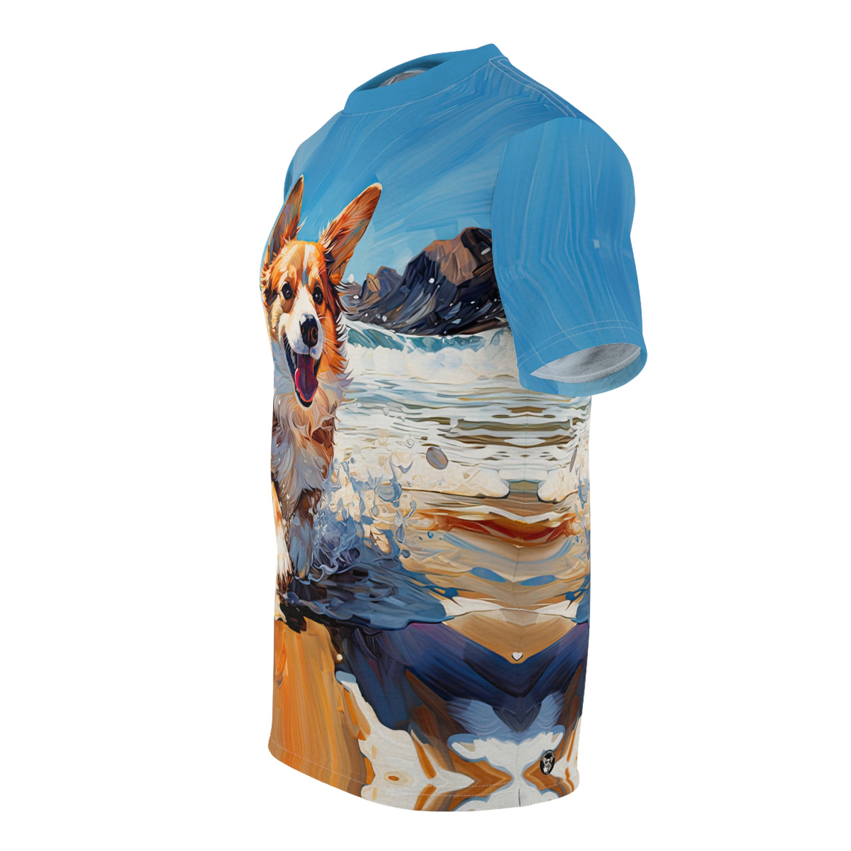 Coastal Corgi Unisex Bold Fashion Tee - Splish-Splash-Sploot! Corgi Beach Day with a Maliblue Hue