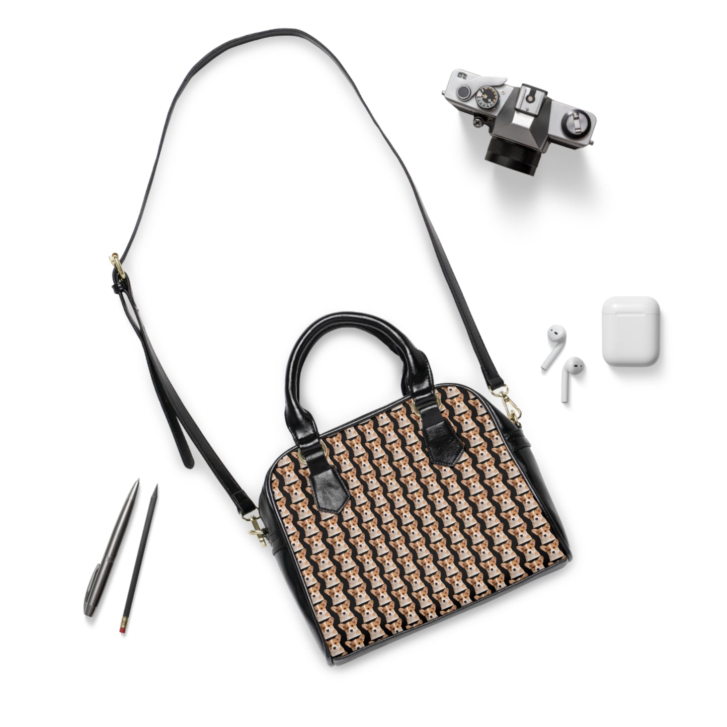 Corgi Puppy Portrait Pattern - Mosaic Tan & Black Shoulder Handbag