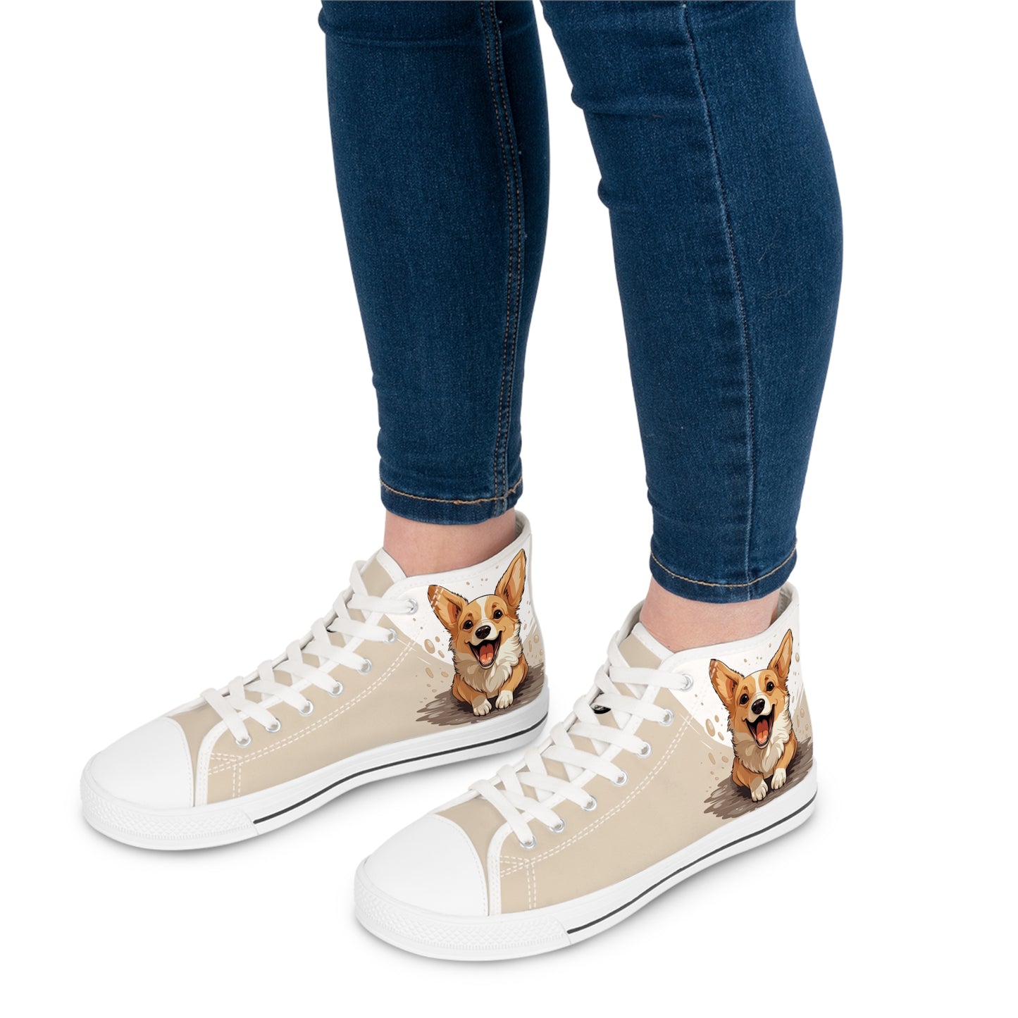 Corgi Cuteness Anime Print Women's High Top Casual Beige & White Canvas Sneakers