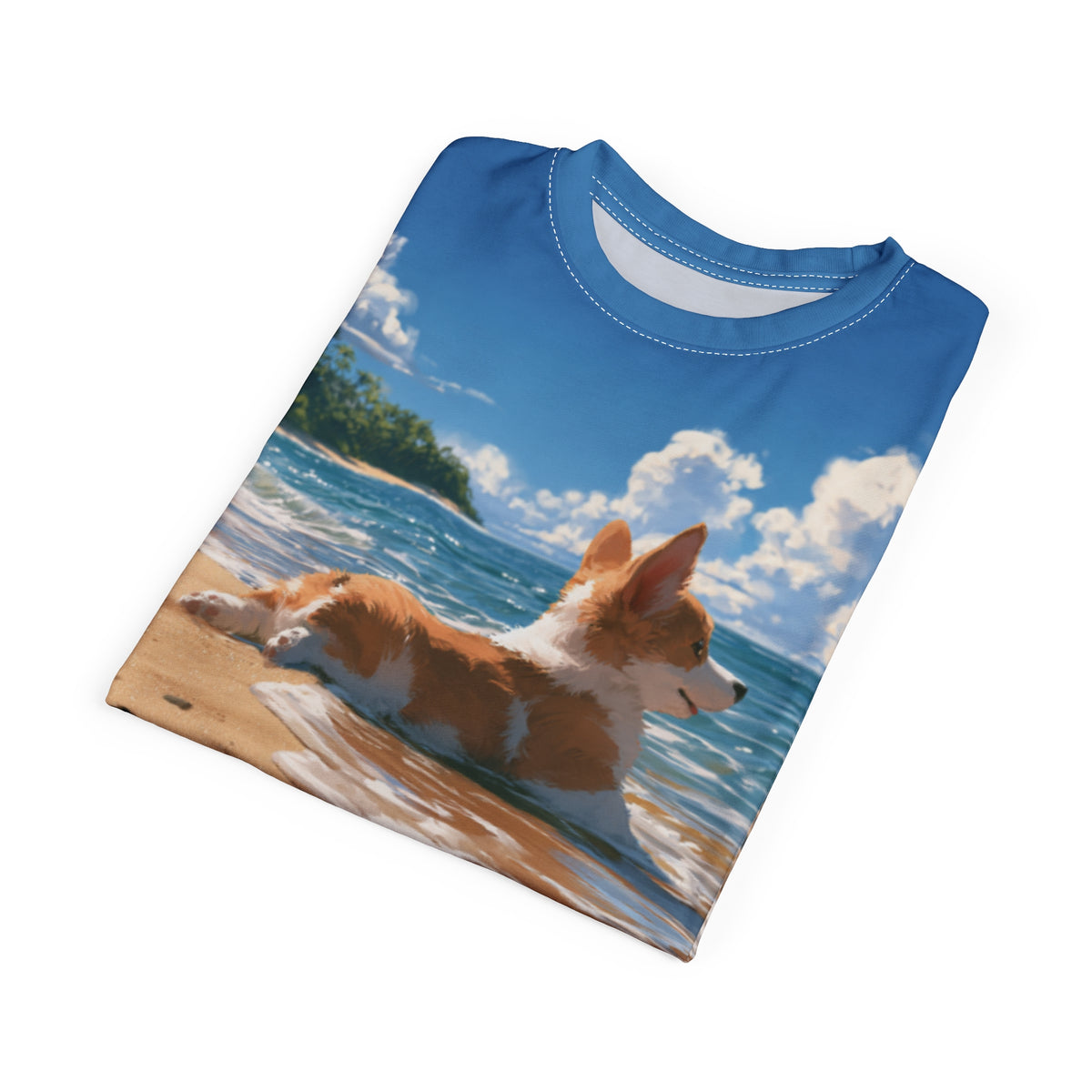 Splish-Splash-Sploot Unisex Bold Designer Tee - Mellow Mood on Mahalo Marine (Part of the Corgi Beach Day Collection)