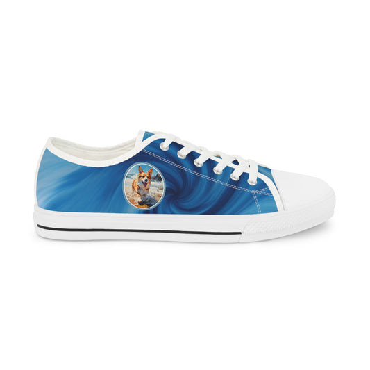 Coastal Corgi Blue Swirl Men's Low Top Casual Canvas Sneakers
