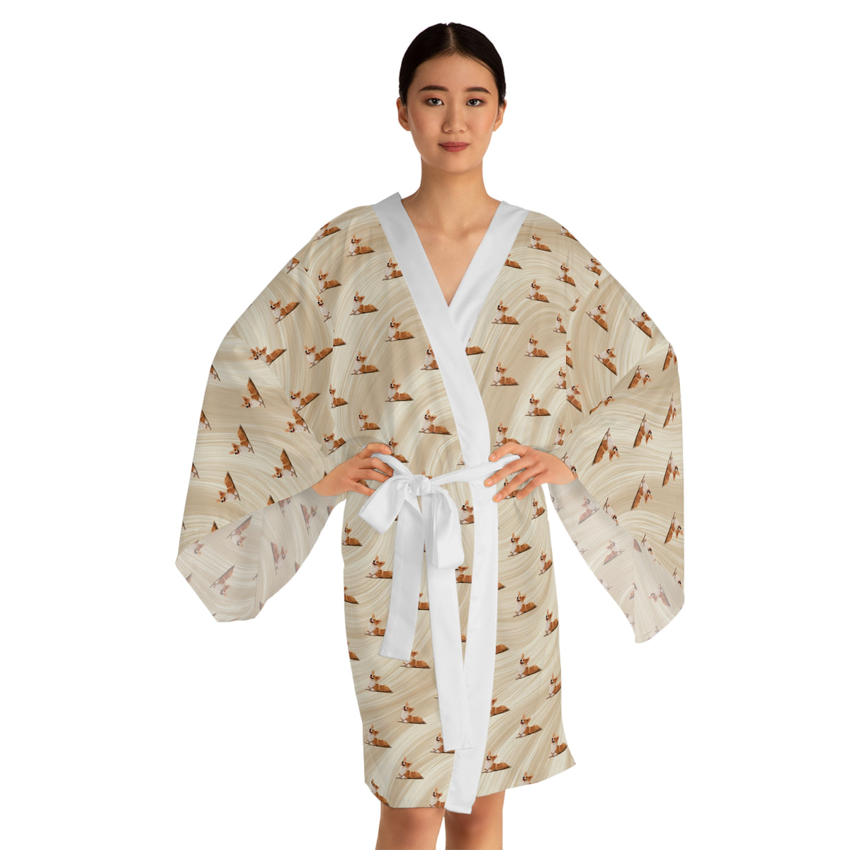 Giddy Sploot Kimono Robe - Creamy Champagne Corgi Housecoat