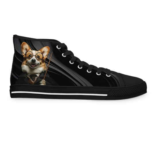 Corgi Potter Magic Wand Women's High Top Casual Black Swirl Canvas Sneakers