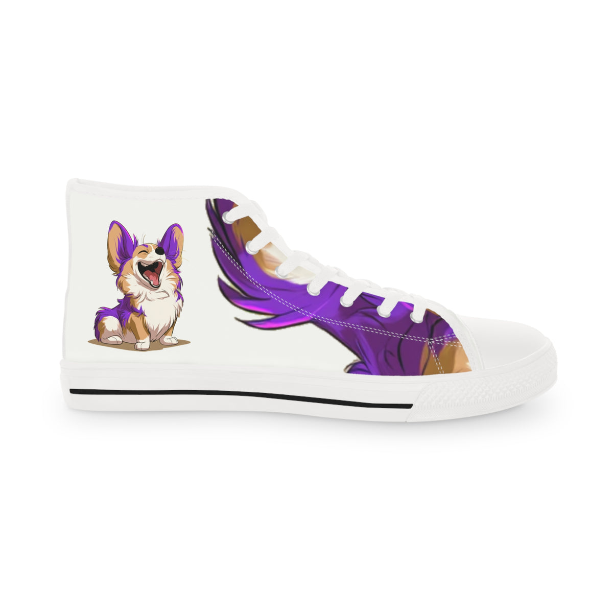 Purple Patch Men's High-Top Sneakers - Carefree Corgi on Marzipan White Canvas with Very Violet Fur-Effect Accents