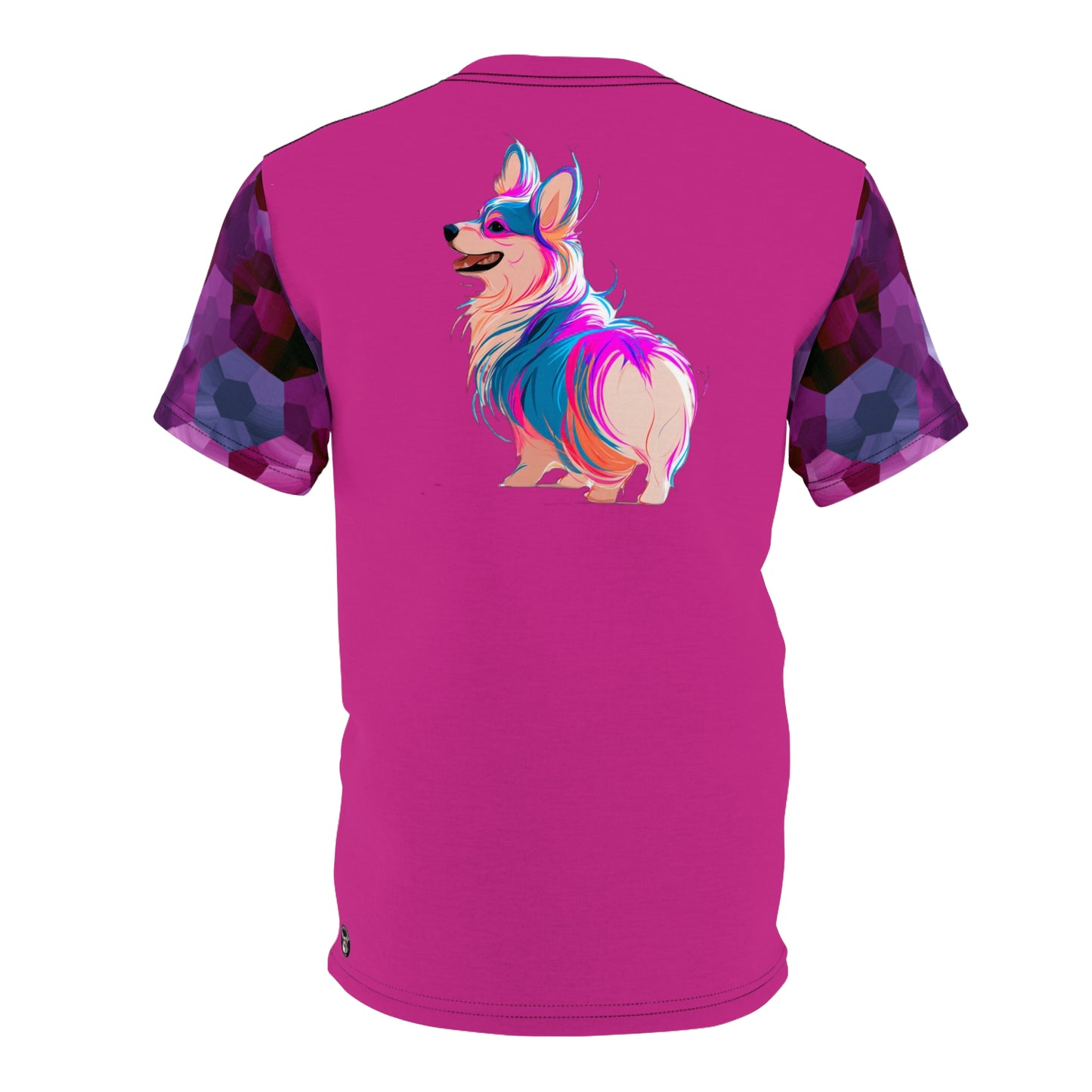 Party Pup Artistic Corgi Fuchsia Bold Fashion Tee with Colorful Geometric Sleeves — Cute Corgi Illustration