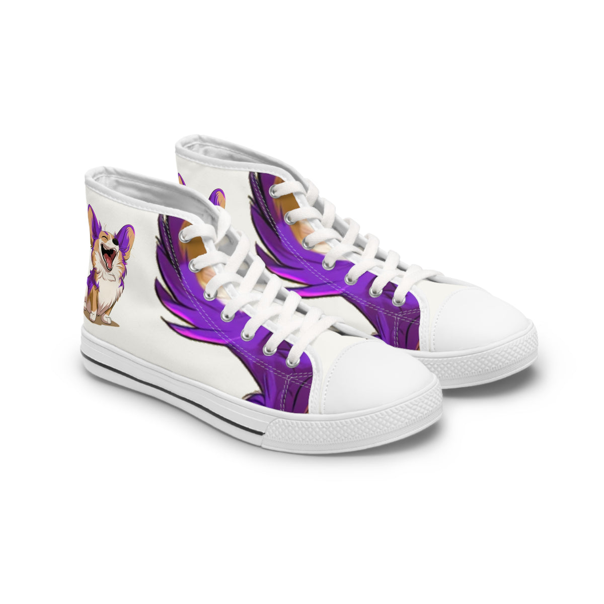 Purple Patch Women's High-Top Sneakers - Carefree Corgi on Marzipan White Canvas with Very Violet Fur-Effect Accents