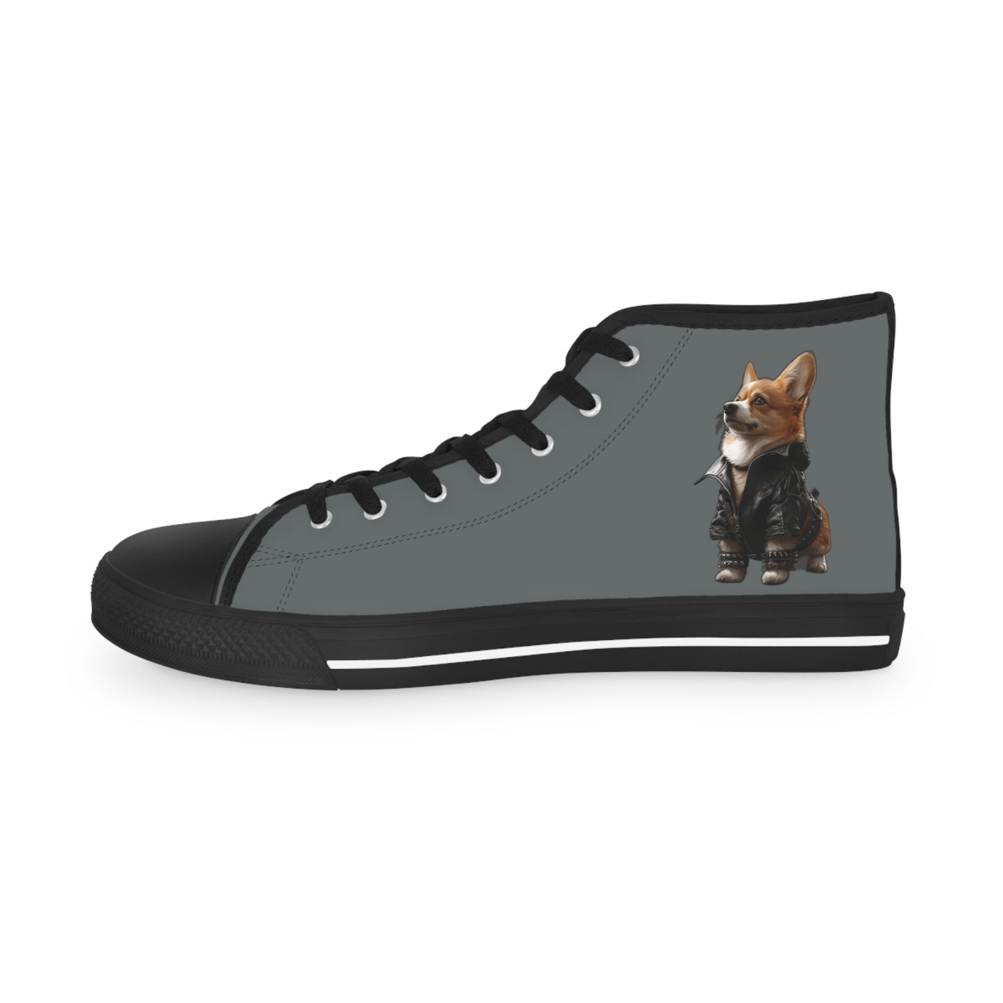 Leader of the Pack Men's High Top Casual Dark Gray Canvas Sneakers with a Leather-Clad Corgi