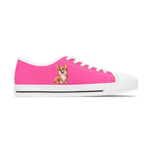 Cuddly Corgi Puppy Animation Hot Pink Women's Low Top Casual Canvas Sneakers