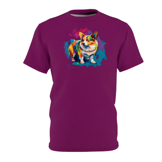 Scout It All Out Unisex Bold Designer Tee — Water-Multi-Color Corgi on Patrol on Pupsicle Purple