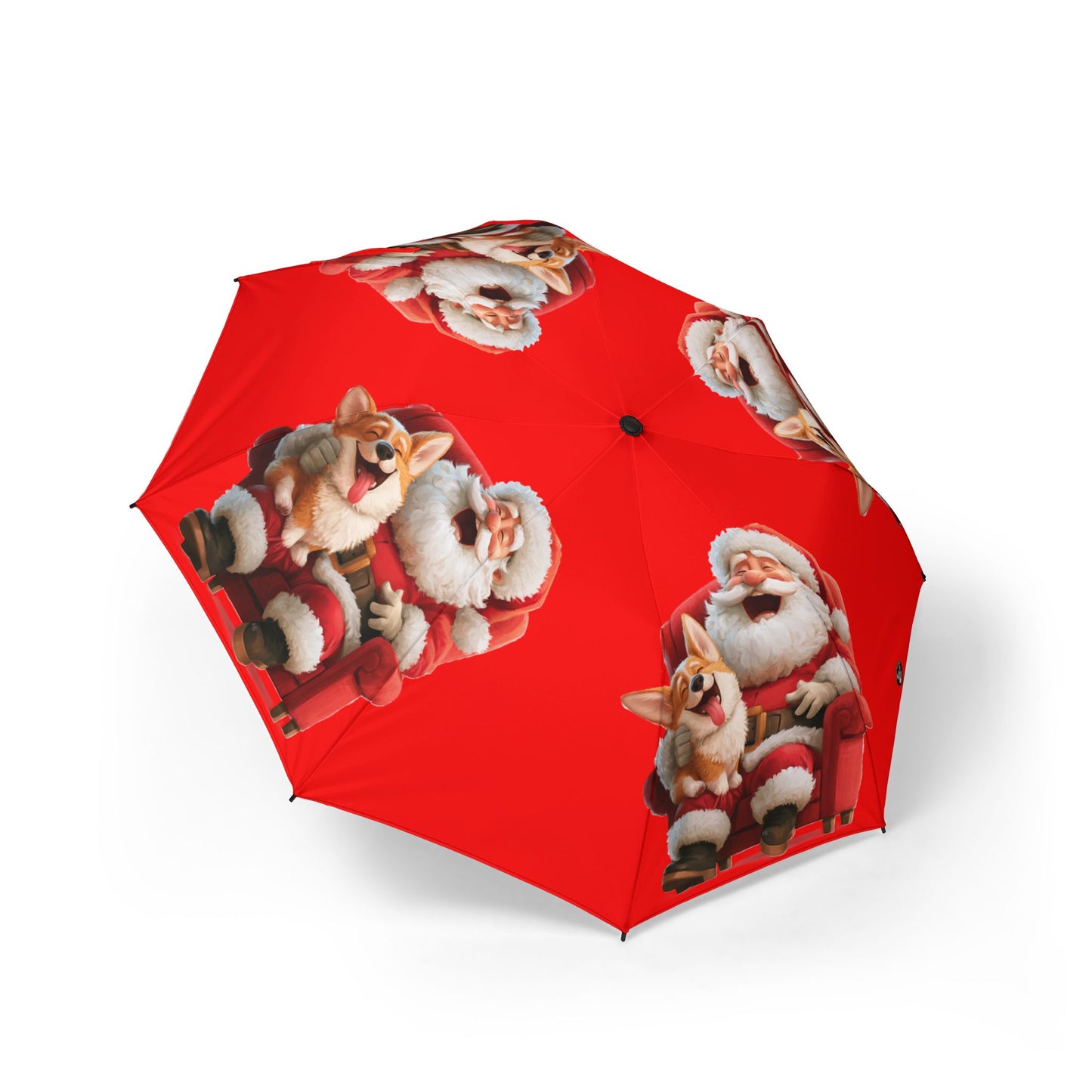 Christmas Corgi Sitting On Santa's Lap Foldable Umbrella — Red Holiday Rain Shield