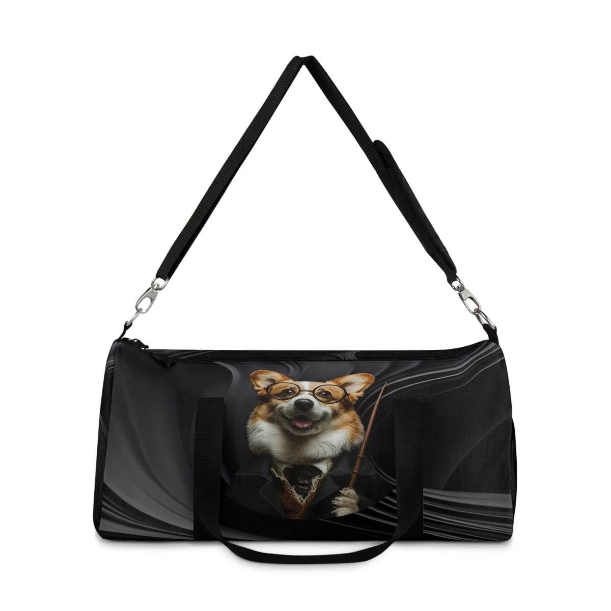 Corgi Potter Magic Wand Duffel Bag - Wizard Theme Swirling Black Corgi Travel Gym Bag