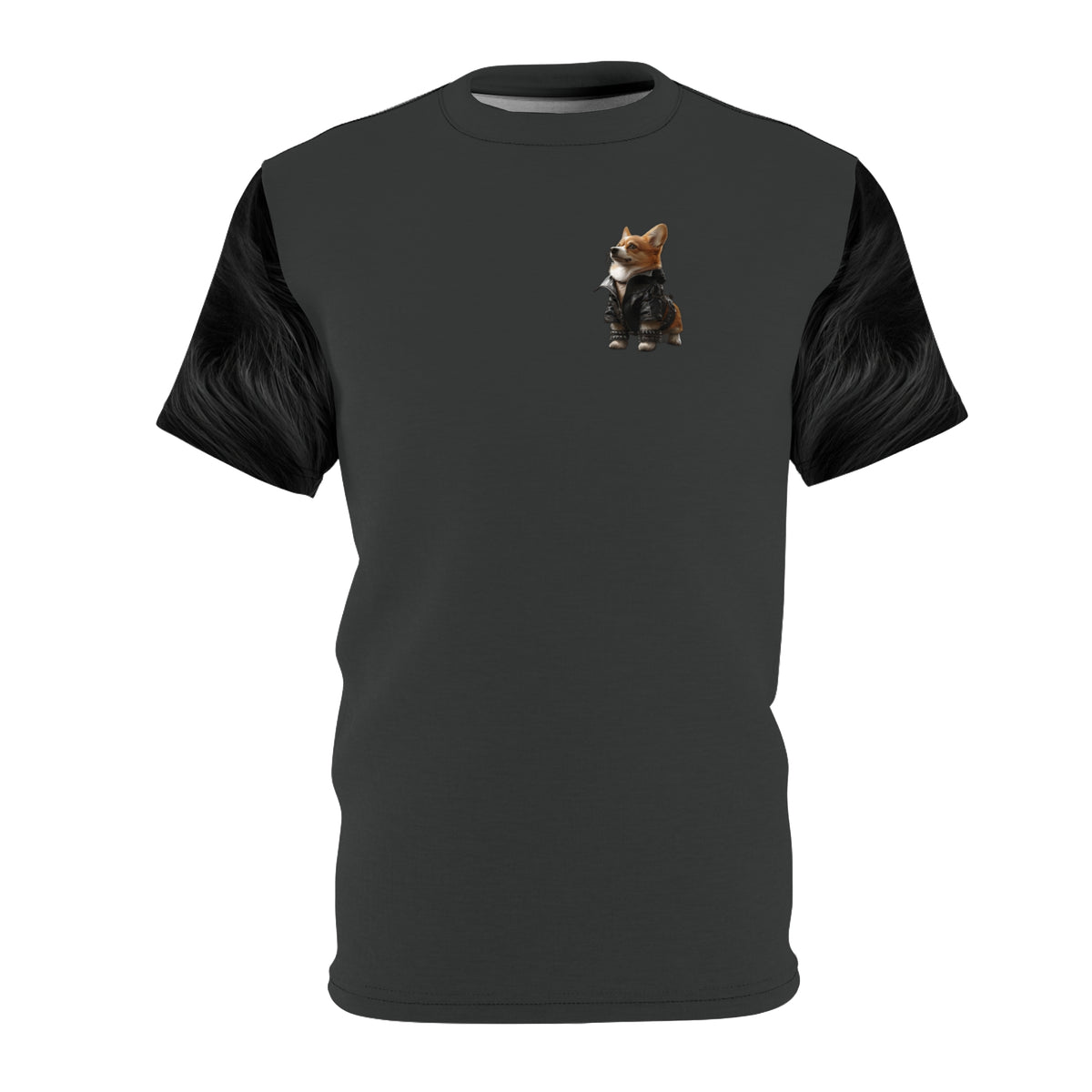 Leader of the Pack Unisex Bold Designer Tee — Bad to the Dog Bone Corgi on Charred Slate with Phantom Black Flowing Mane Sleeves