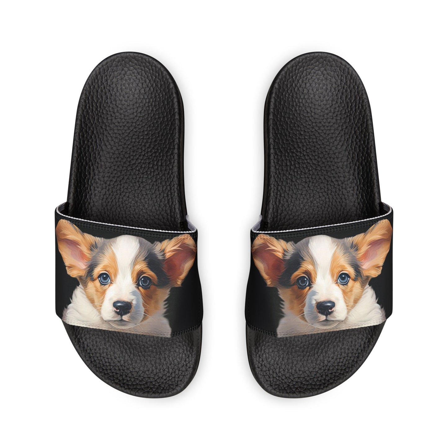 Puppy Dog Eyes Corgi Portrait Women's Casual Black Slide Sandals - Pool & Beach Slides