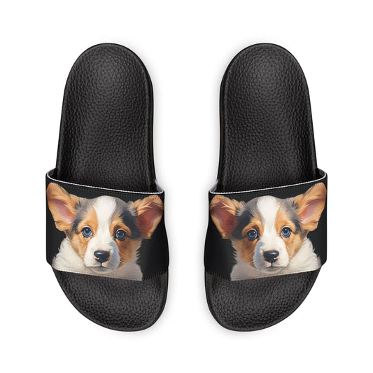 Puppy Dog Eyes Corgi Portrait Women's Casual Black Slide Sandals - Pool & Beach Slides
