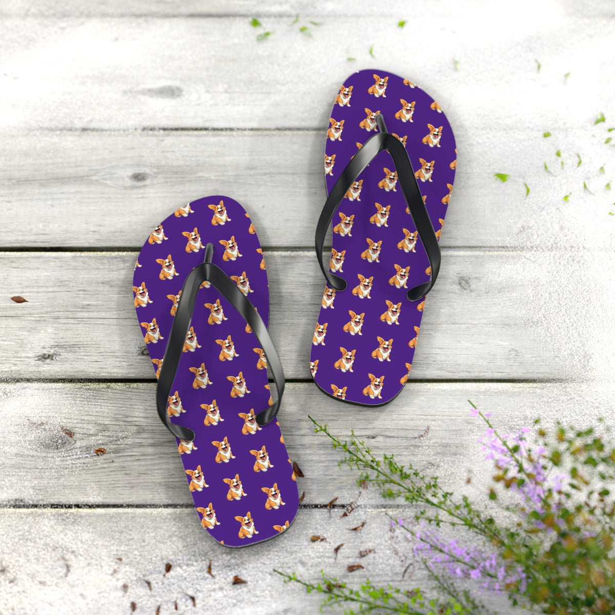 Jolly Jiggling Animated Corgi Flip-Flops - Purple Unisex Sandals