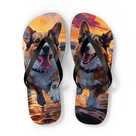 Corgi Beach Buds Sunset Unisex Flip Flops – Sandals with Corgi Best Friends Running in the Surf