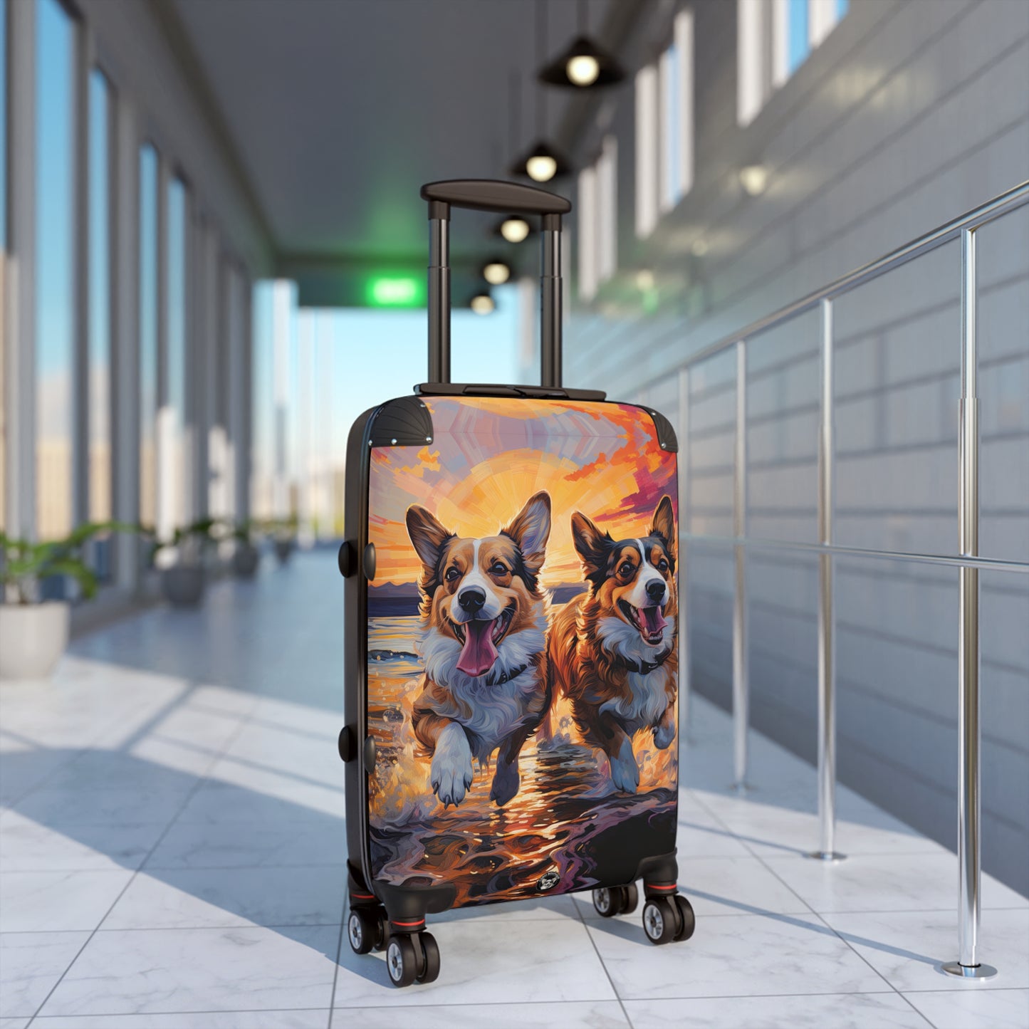 Beach Buds Corgi Sunset Suitcases — Corgis Running in the Waves Luggage