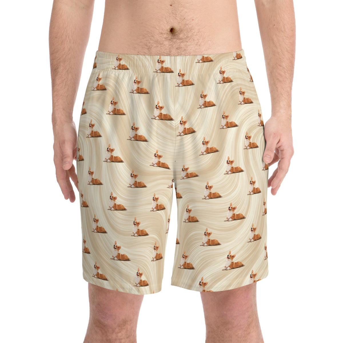 Giddy Sploot Board Shorts - Rich Creamy Champagne Corgi Theme Swimsuit