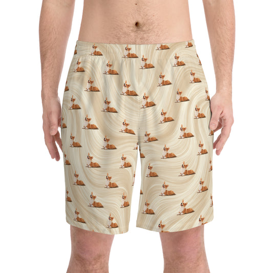 Giddy Sploot Board Shorts - Rich Creamy Champagne Corgi Theme Swimsuit