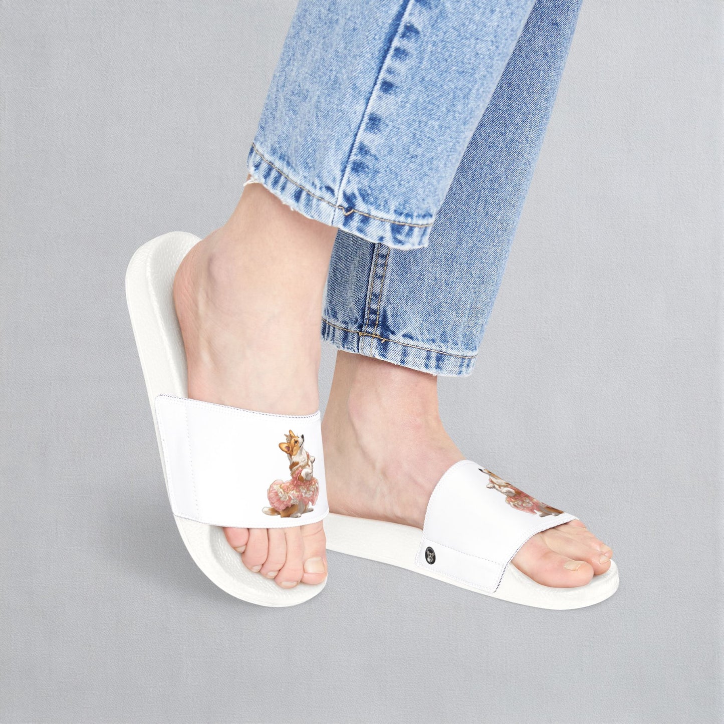 Princess Corgi White & Rose Women's Slide Sandals - Casual Pool & Beach Slides