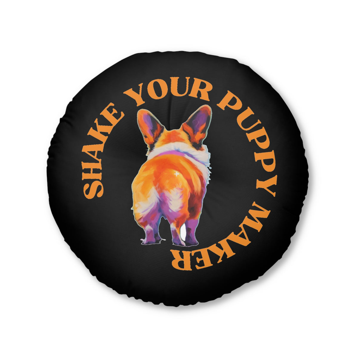 Shake Your Puppy Maker Round Floor Pillow — Black Corgi Butt Accent Cushion