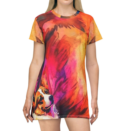 Motley Corgi T-Dress - Beautifully Bold Plum-Orange-Blue-Yellow Dress