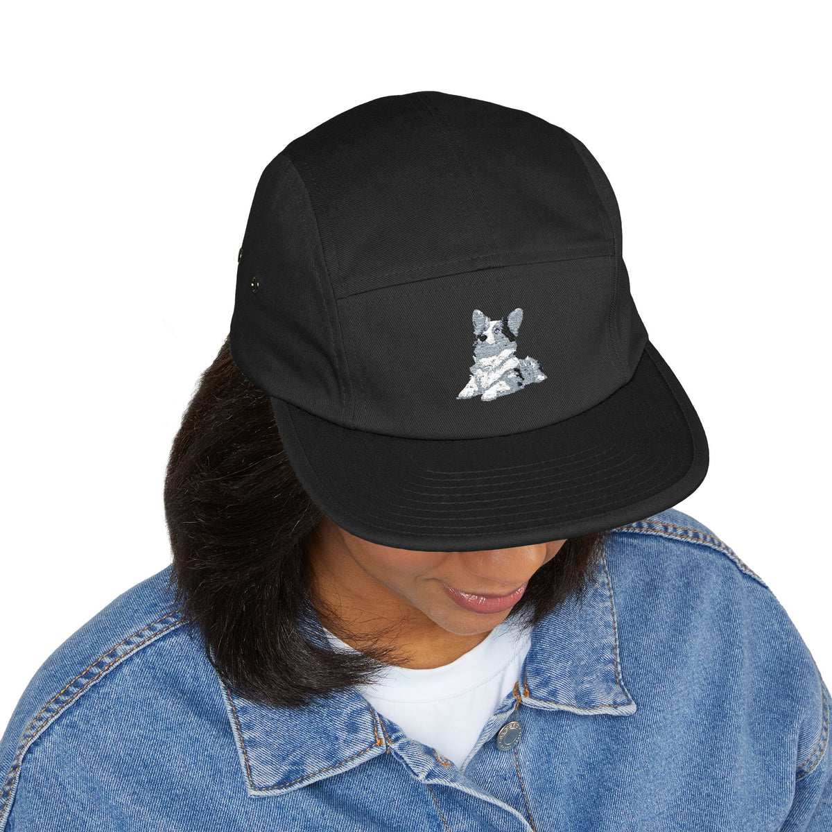 Blue Merle Majesty 5-Panel Embroidered Camp Cap — Designer Corgi Headwear in Monarch Navy or Phantom Black