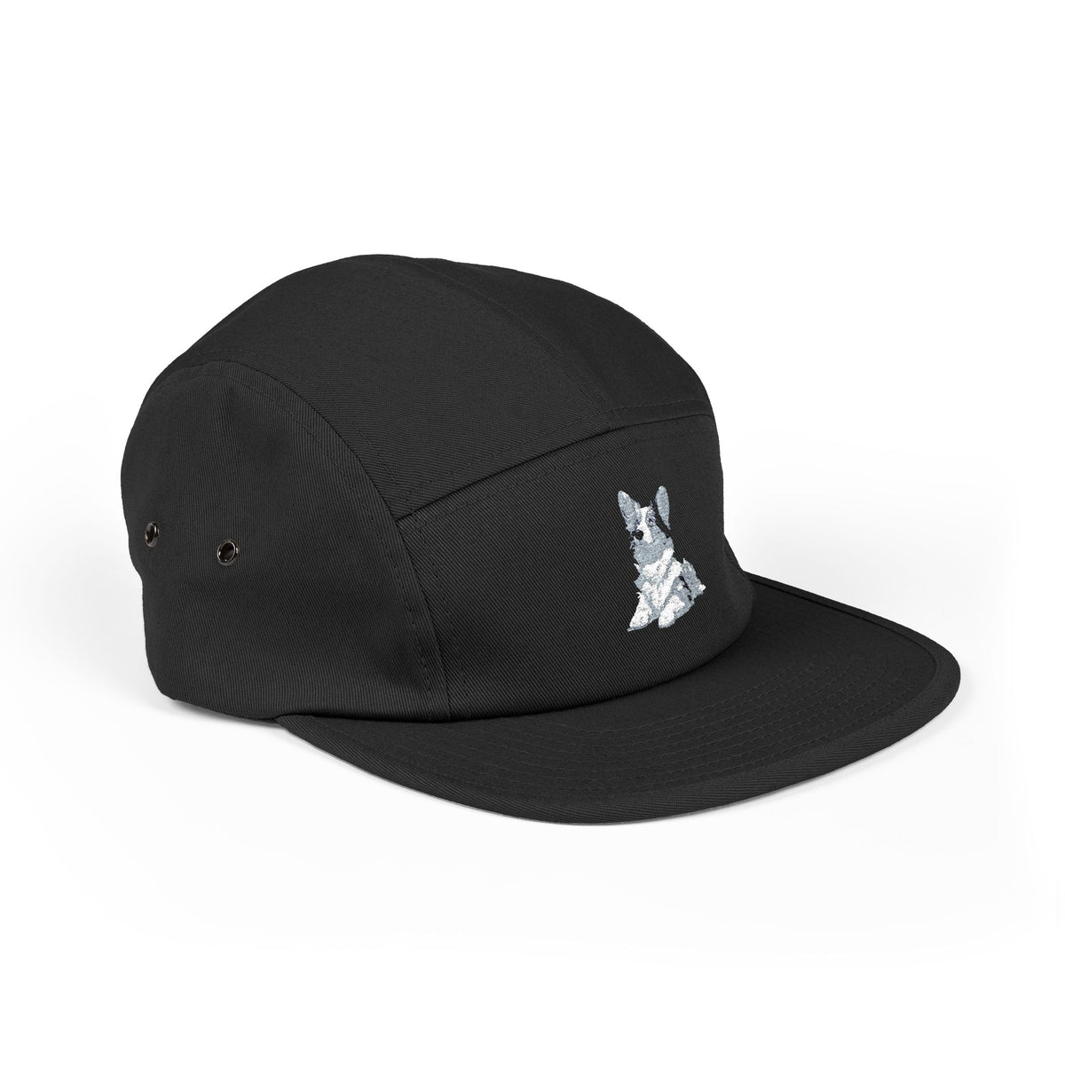 Blue Merle Majesty 5-Panel Embroidered Camp Cap — Designer Corgi Headwear in Monarch Navy or Phantom Black
