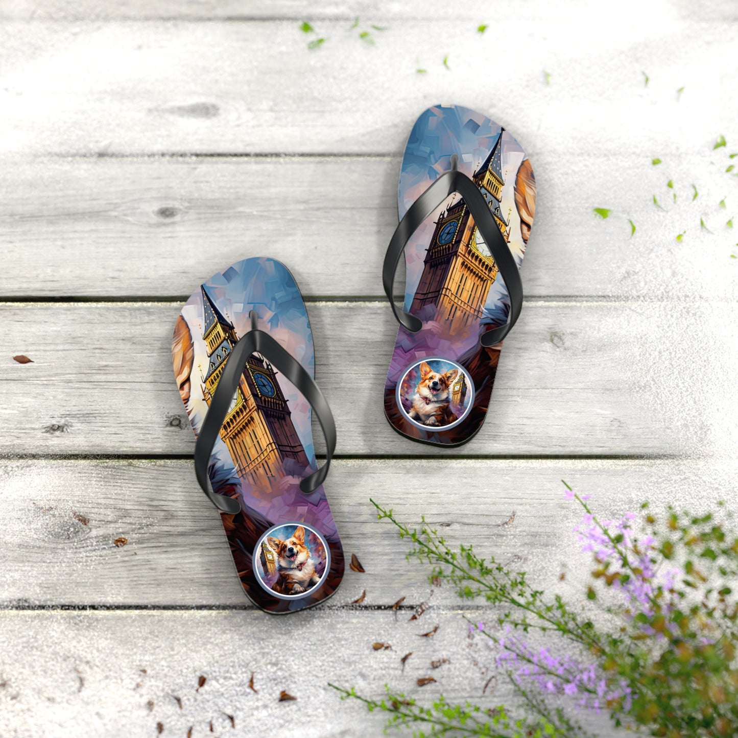 Corgi & Big Ben Artistic Unisex Flip Flops — London Themed Corgi Sandals