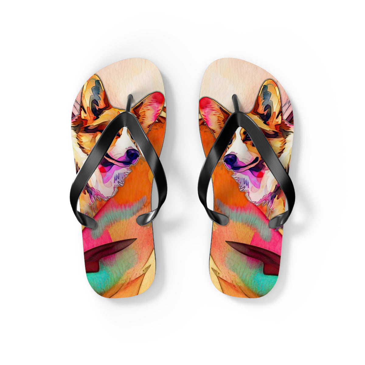 Motley Corgi Unisex Flip-Flops - Vibrant Colorful Corgi Sandals