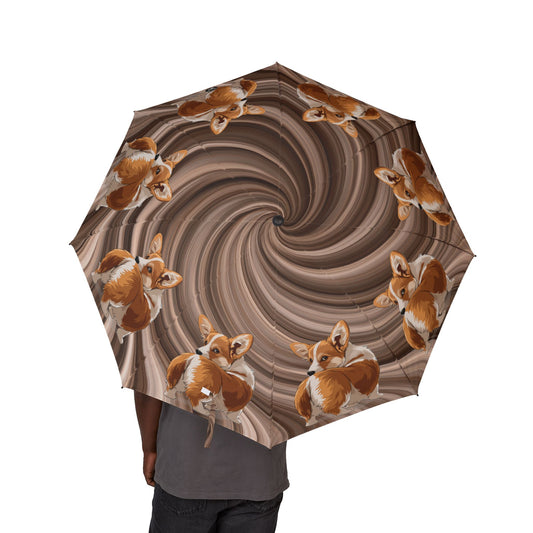 Butt What? Talk To The Butt Contemptuous Corgi Foldable Umbrella — Swirling Brown Compact Rain Shield