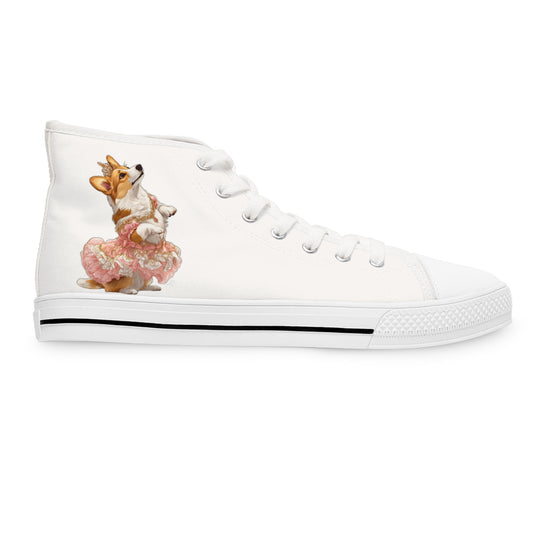 Princess Corgi Women's High Top Casual White & Rose Canvas Sneakers